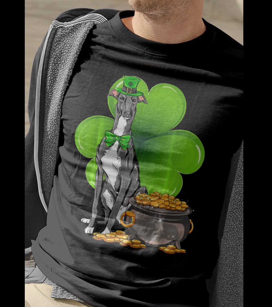 Greyhound St Patricks Day Leprechaun Dog With Shamrock And Pot Of Gold T-Shirt