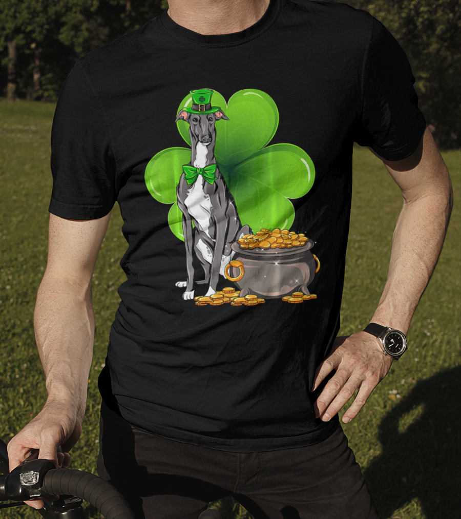 Greyhound St Patricks Day Leprechaun Dog With Shamrock And Pot Of Gold T-Shirt
