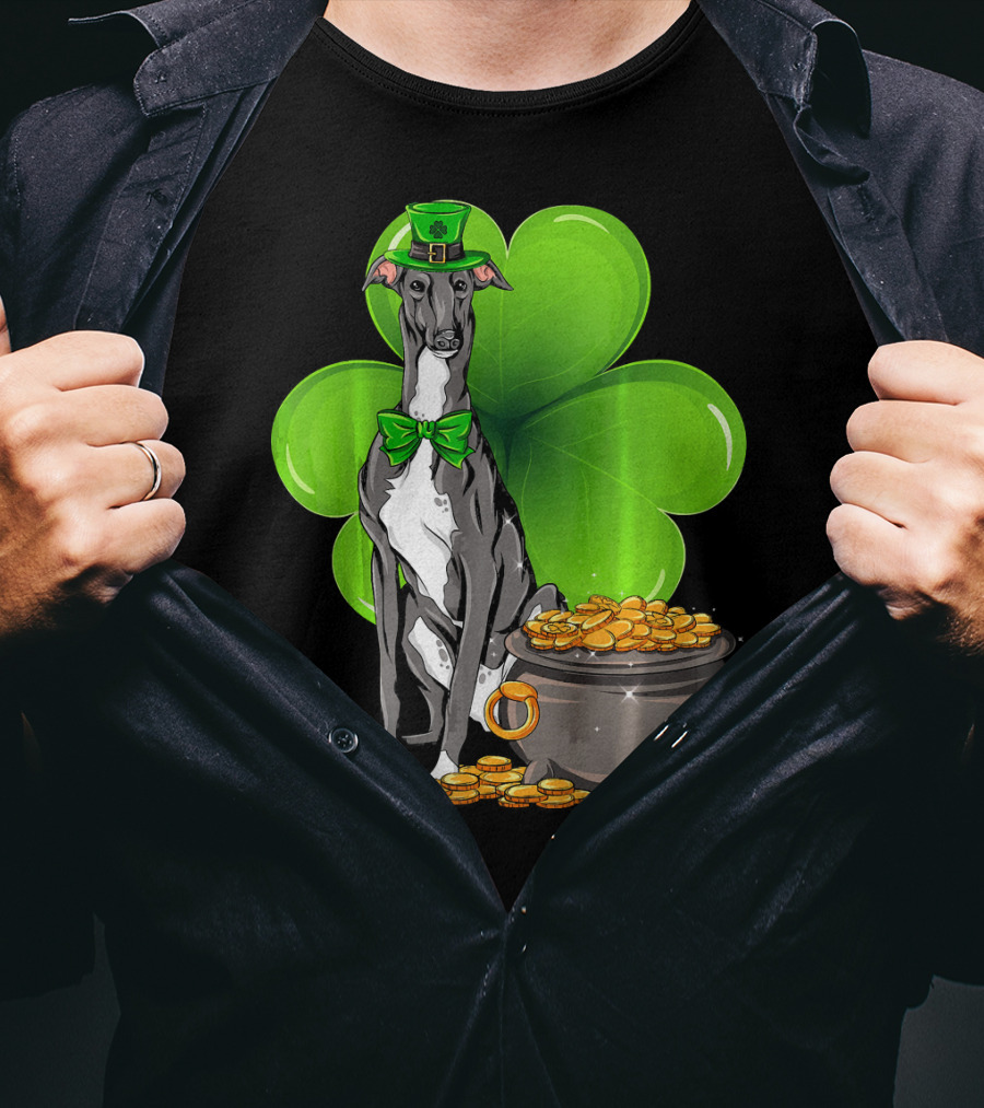 Greyhound St Patricks Day Leprechaun Dog With Shamrock And Pot Of Gold T-Shirt
