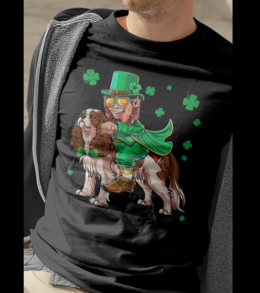 Leprechaun Riding Cavalier King Charles Spaniel With Shamrocks T-Shirt