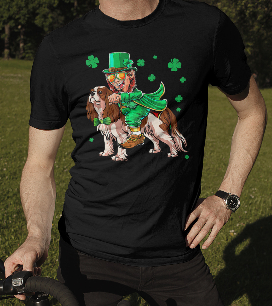 Leprechaun Riding Cavalier King Charles Spaniel With Shamrocks T-Shirt