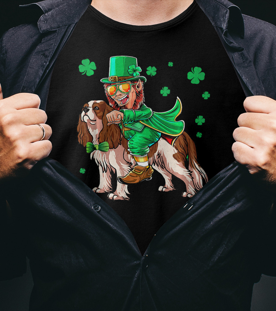 Leprechaun Riding Cavalier King Charles Spaniel With Shamrocks T-Shirt