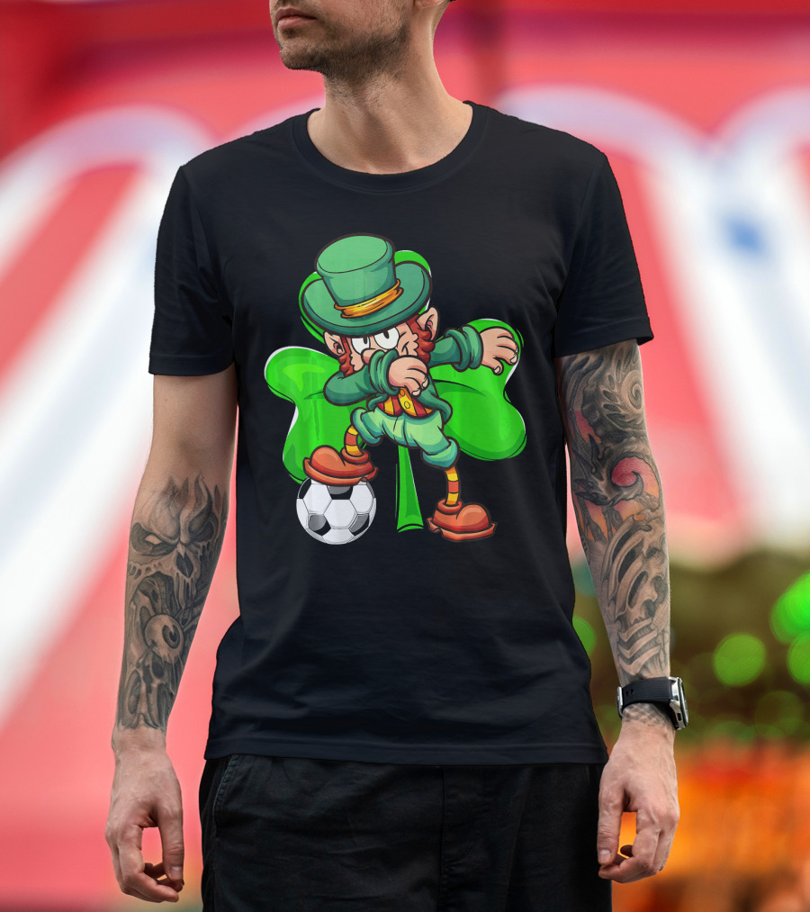 Dabbing Leprechaun Kicking Soccer Ball with Shamrock Background T-Shirt