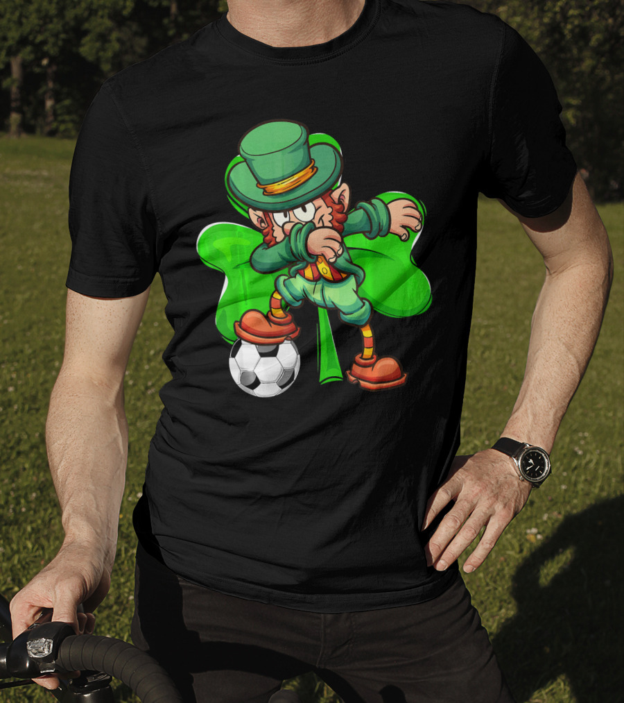 Dabbing Leprechaun Kicking Soccer Ball With Shamrock Background T-Shirt