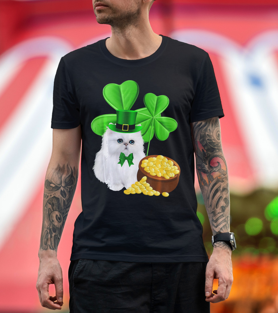 Persian Cat with Leprechaun Hat and Shamrocks St Patricks Day T-Shirt