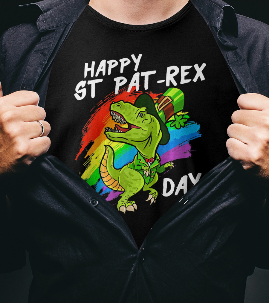 Happy St Pat Rex Day Cute St Patrick Dinosaur Rainbow T-Shirt