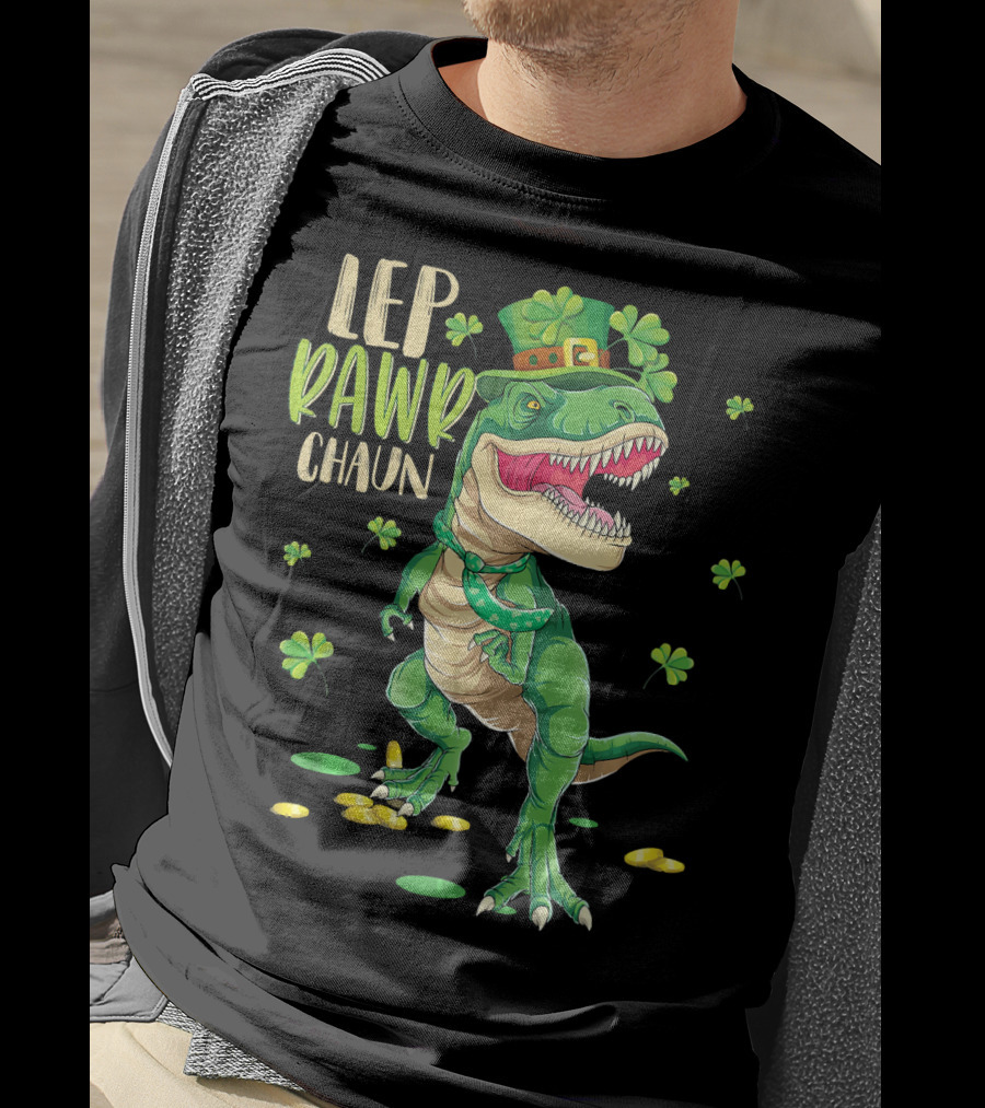 Leprawrchaun St. Patrick's Day Dinosaur With Shamrocks And Gold Coins T-Shirt