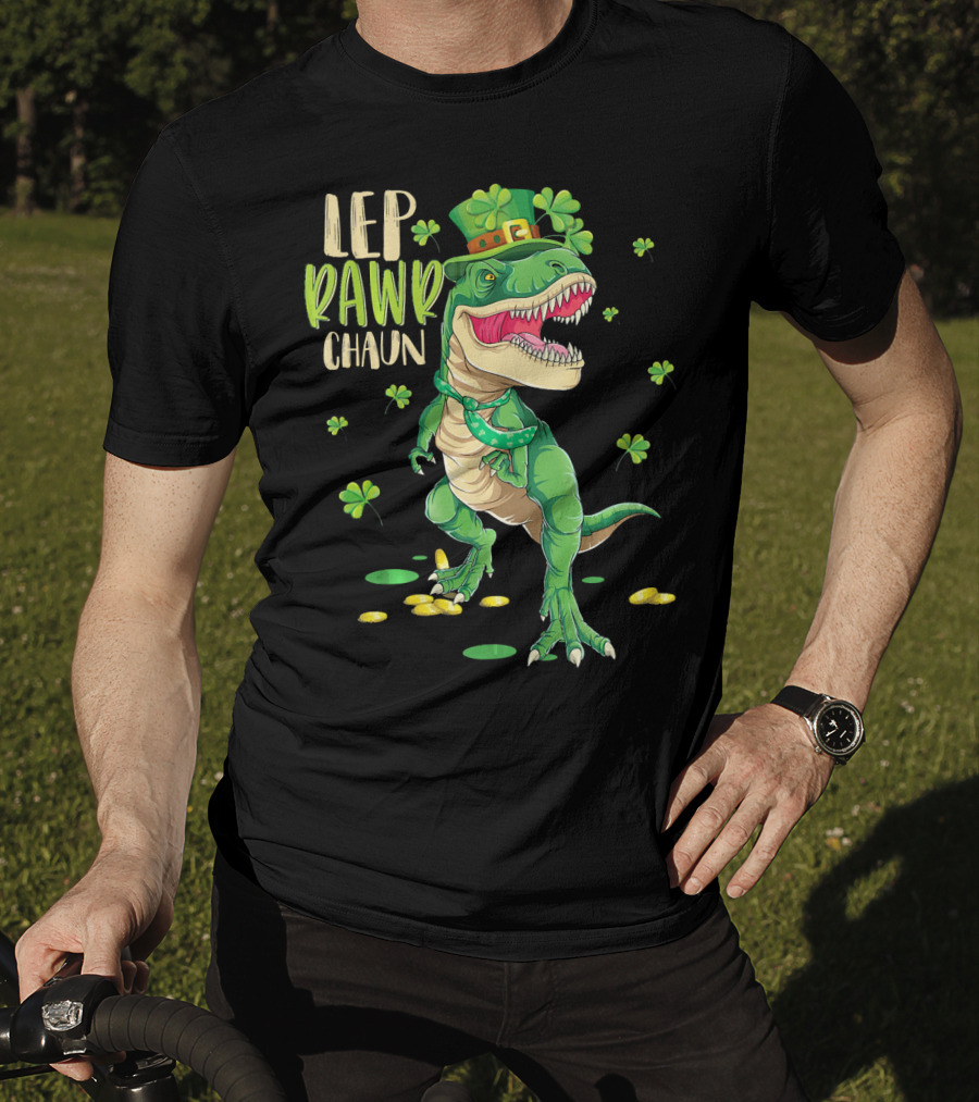 Leprawrchaun St. Patrick's Day Dinosaur With Shamrocks And Gold Coins T-Shirt