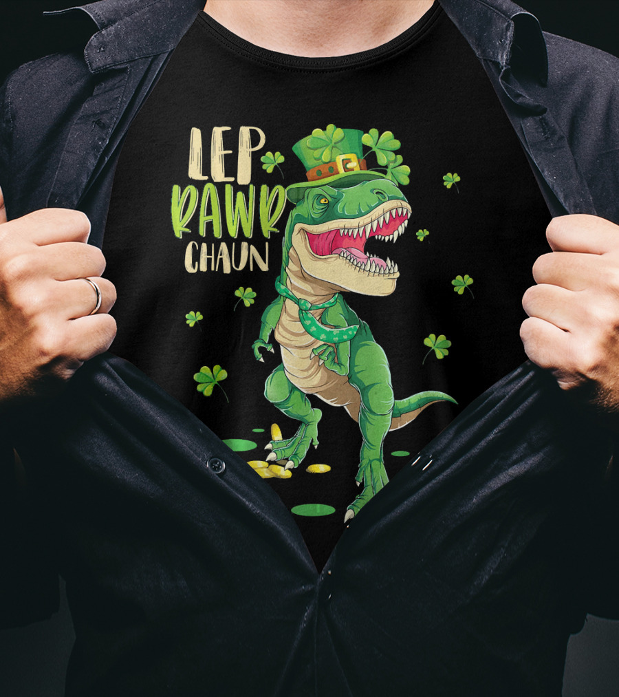 Leprawrchaun St. Patrick's Day Dinosaur With Shamrocks And Gold Coins T-Shirt