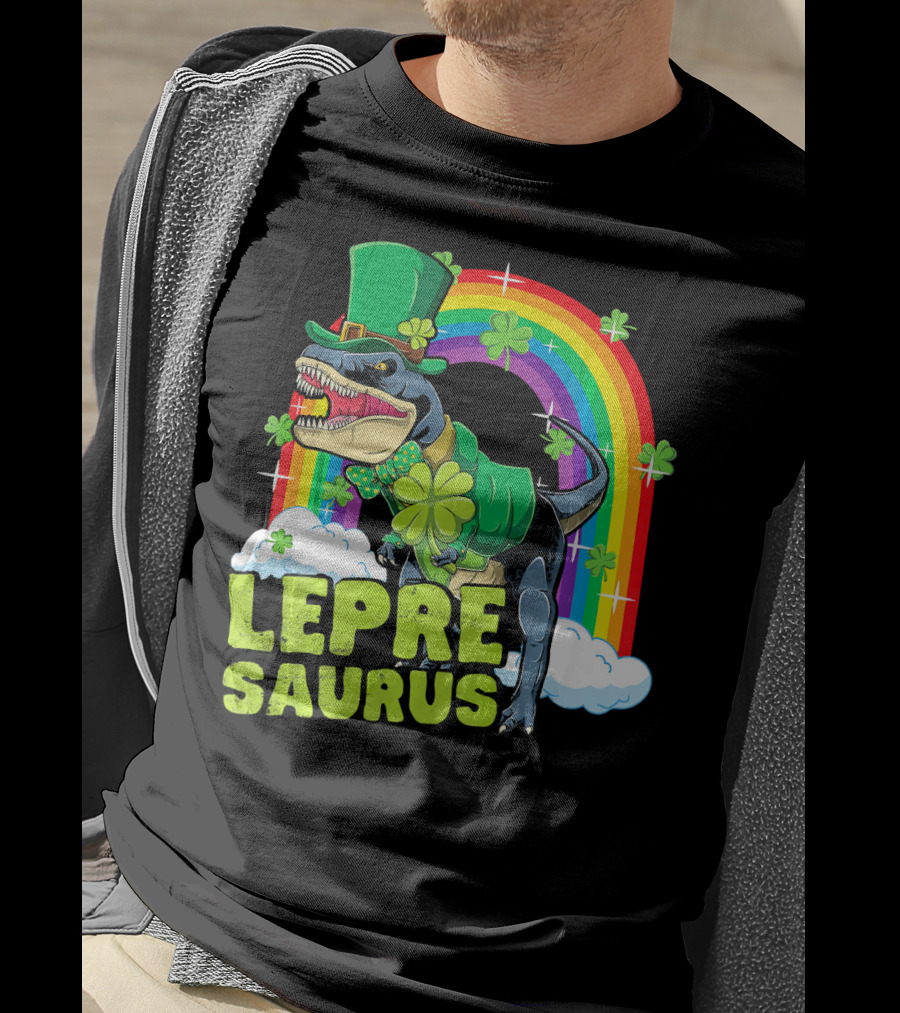 Lepresaurus Dinosaur With Shamrocks And Rainbow St Patrick's Day T-Shirt