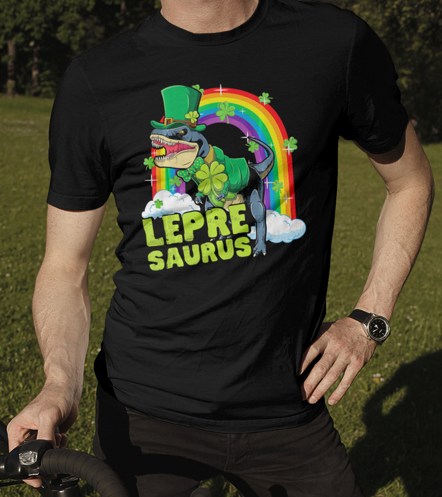 Lepresaurus Dinosaur With Shamrocks And Rainbow St Patrick's Day T-Shirt