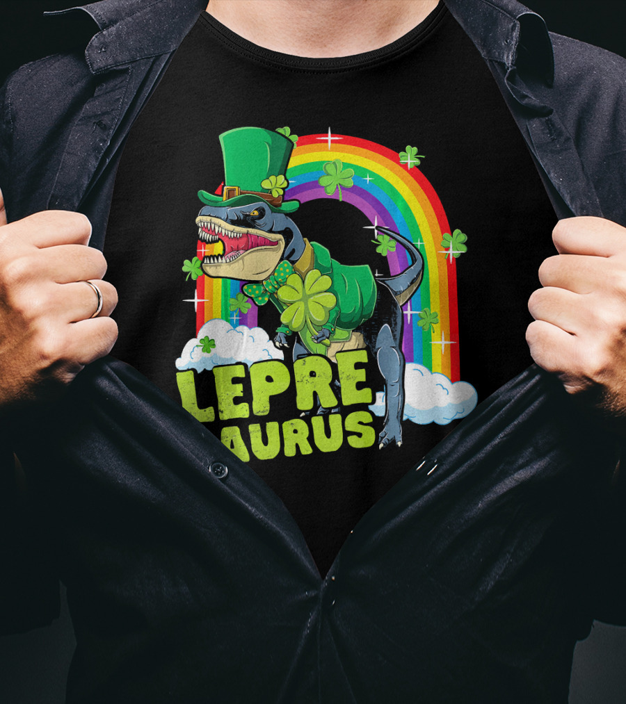 Lepresaurus Dinosaur With Shamrocks And Rainbow St Patrick's Day T-Shirt