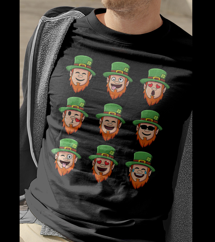 Leprechaun Emoji Faces With Various Expressions In Green Hat And Orange Beard T-Shirt
