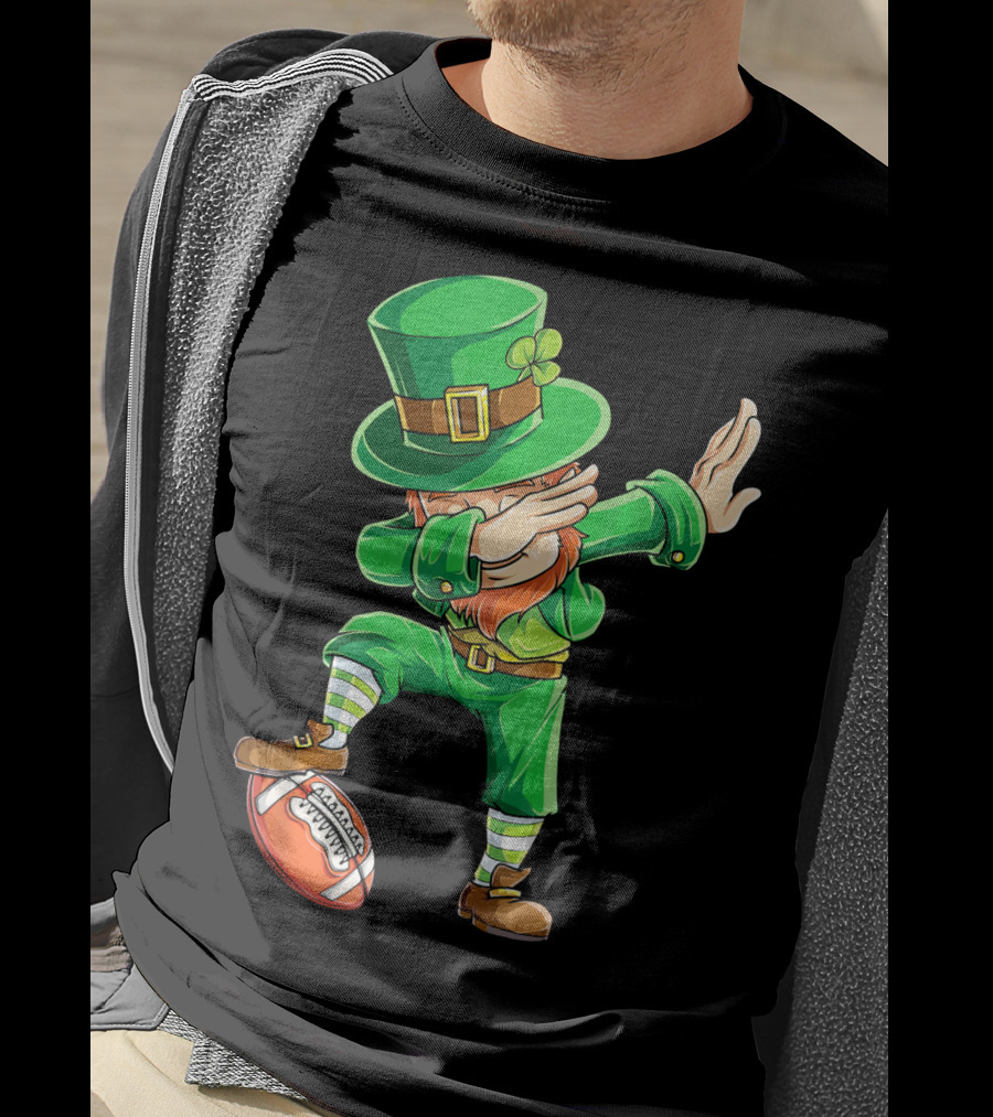 Leprechaun Dabbing On Football With Green Hat And Orange Beard T-Shirt