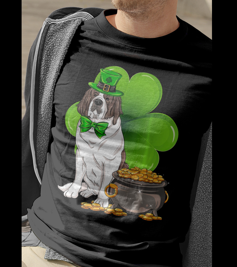 Saint Bernard Leprechaun St Patricks Day Pot Of Gold Clover T-Shirt