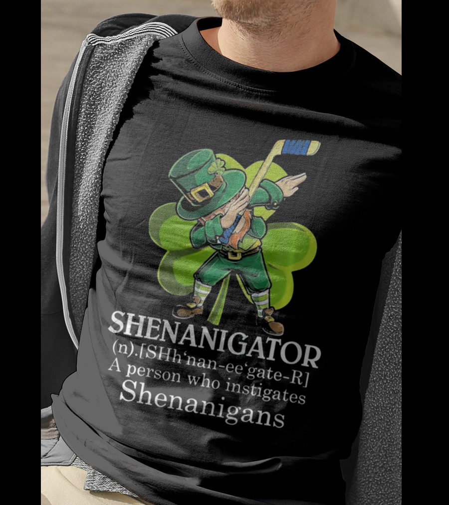 Shenanigator Dabbing Leprechaun Instigates Shenanigans Hockey Shamrock T-Shirt