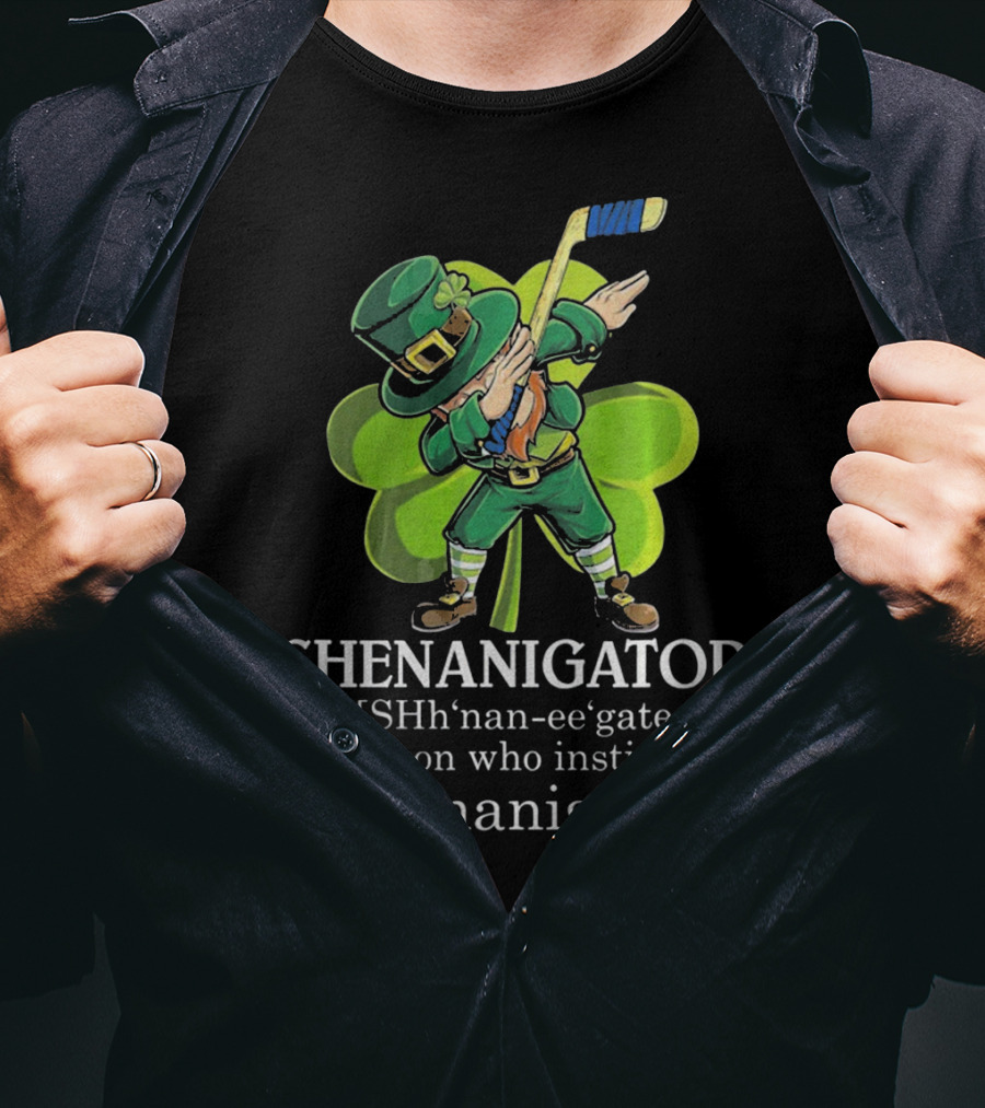 Shenanigator Dabbing Leprechaun Instigates Shenanigans Hockey Shamrock T-Shirt