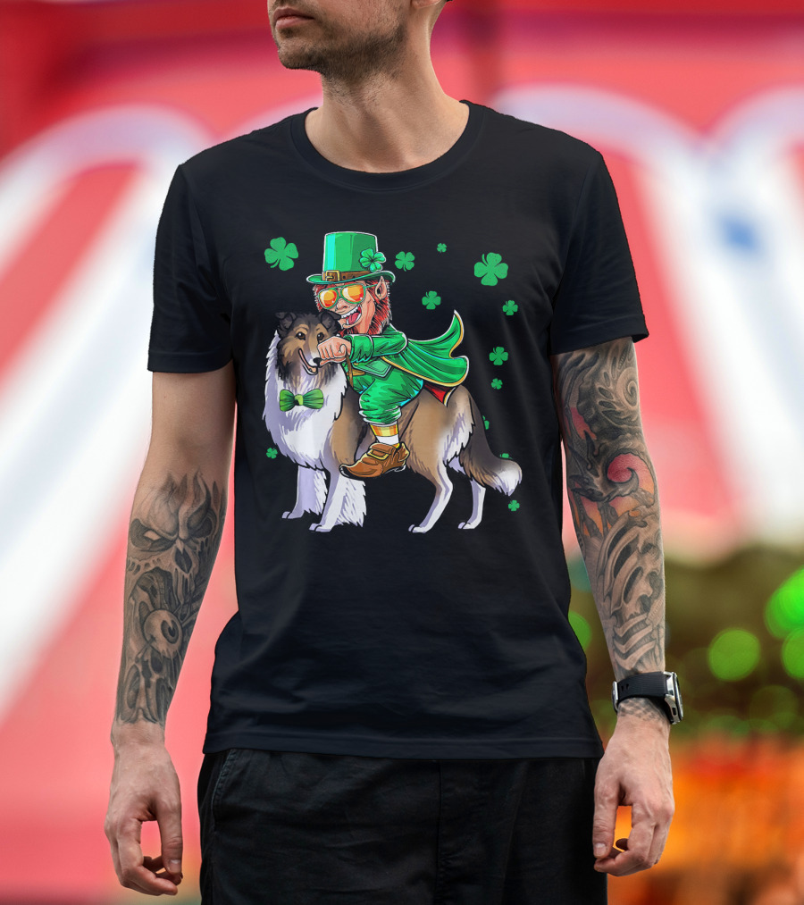 Leprechaun Riding Collie with Shamrocks for St. Patrick's Day T-Shirt