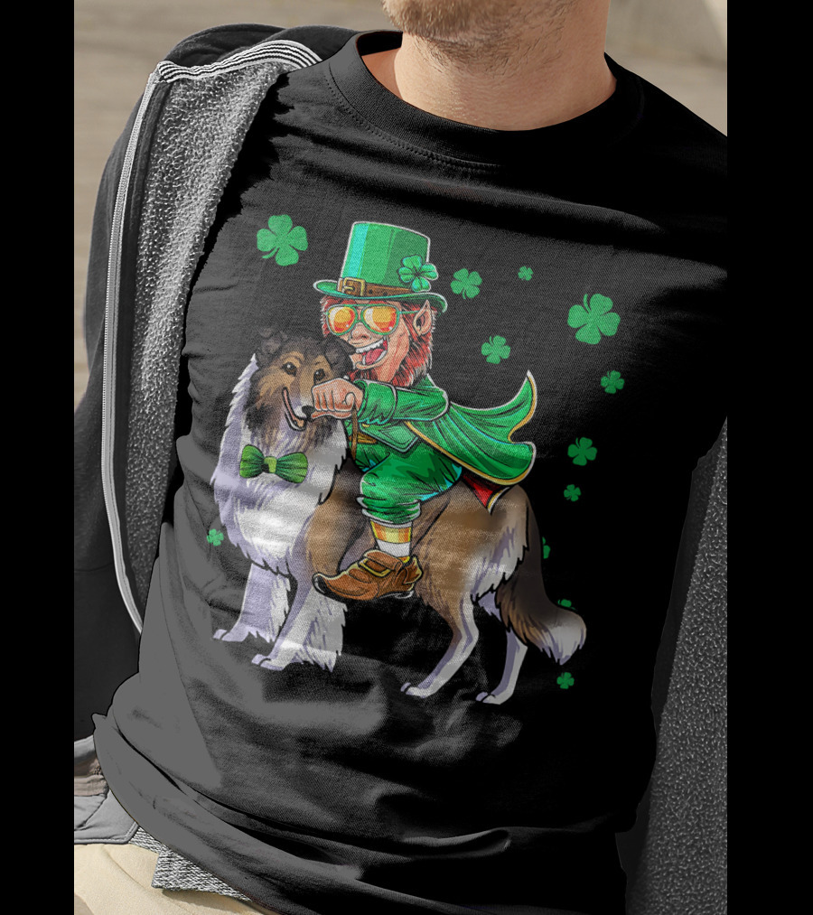 Leprechaun Riding Collie With Shamrocks For St. Patrick's Day T-Shirt
