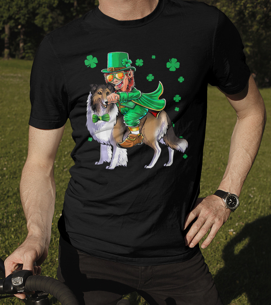 Leprechaun Riding Collie With Shamrocks For St. Patrick's Day T-Shirt