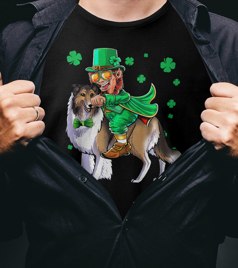 Leprechaun Riding Collie With Shamrocks For St. Patrick's Day T-Shirt