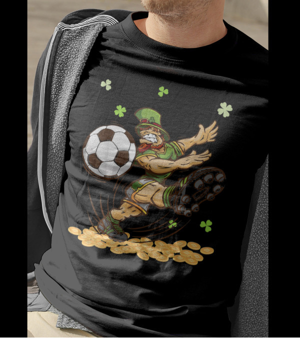 Leprechaun Playing Soccer Surrounded By Shamrocks And Gold Coins T-Shirt