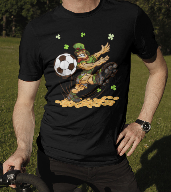 Leprechaun Playing Soccer Surrounded By Shamrocks And Gold Coins T-Shirt