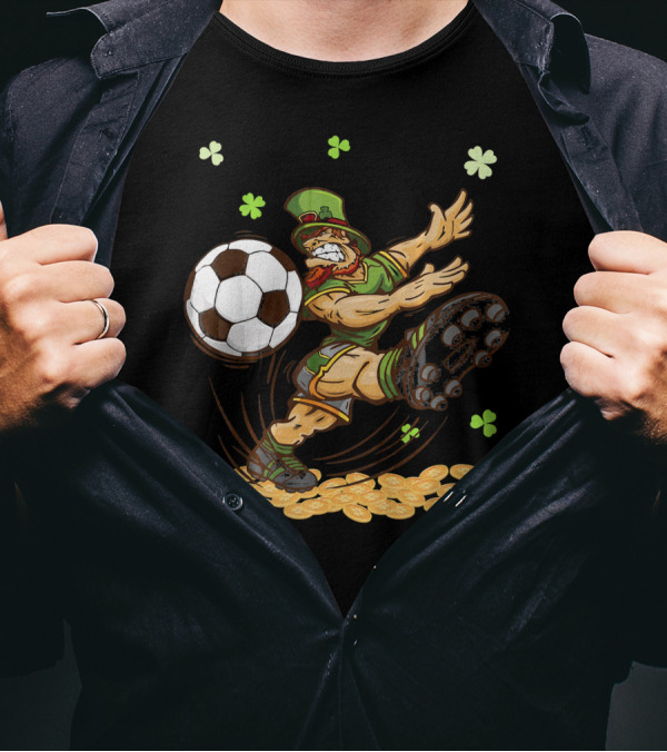 Leprechaun Playing Soccer Surrounded By Shamrocks And Gold Coins T-Shirt