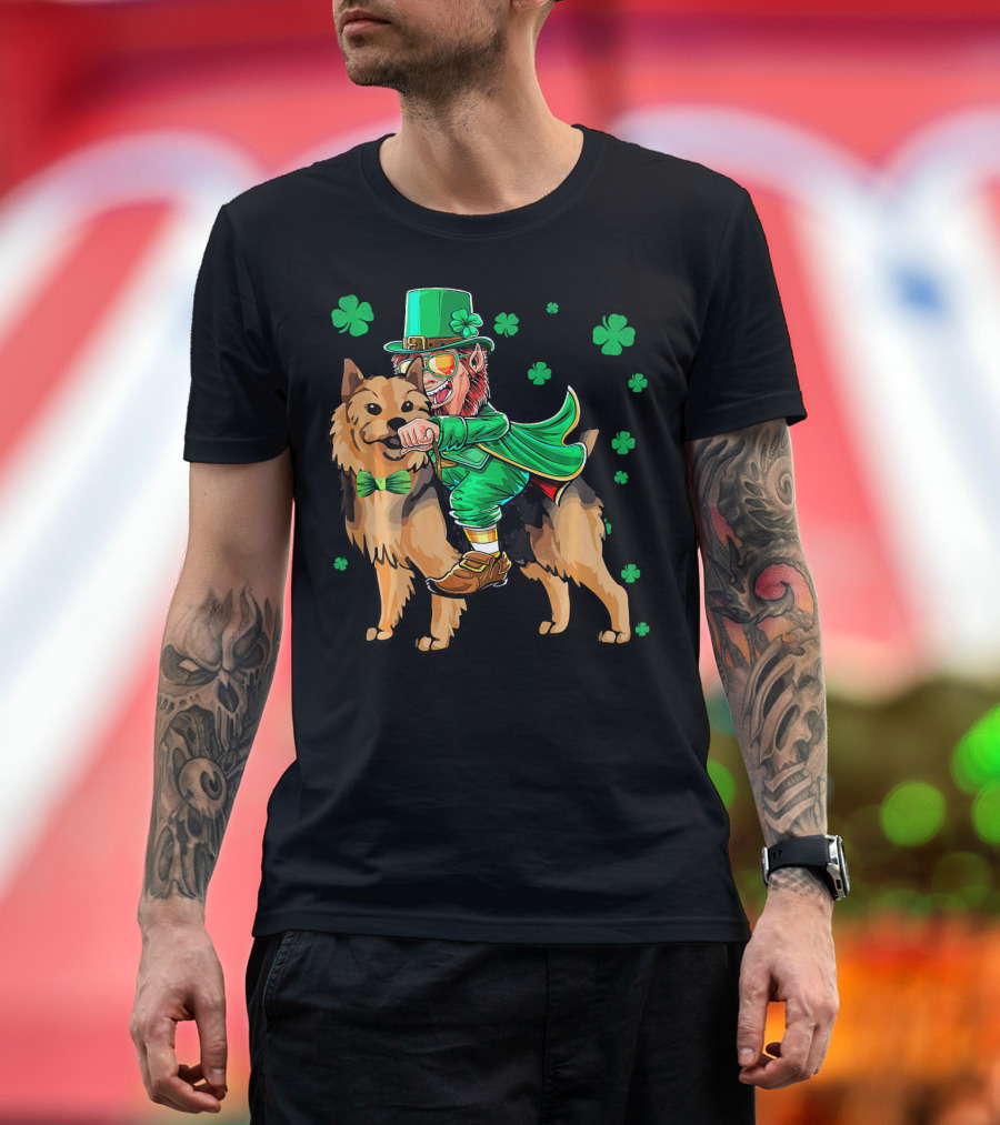 Leprechaun Riding Australian Terrier With Shamrocks T-Shirt