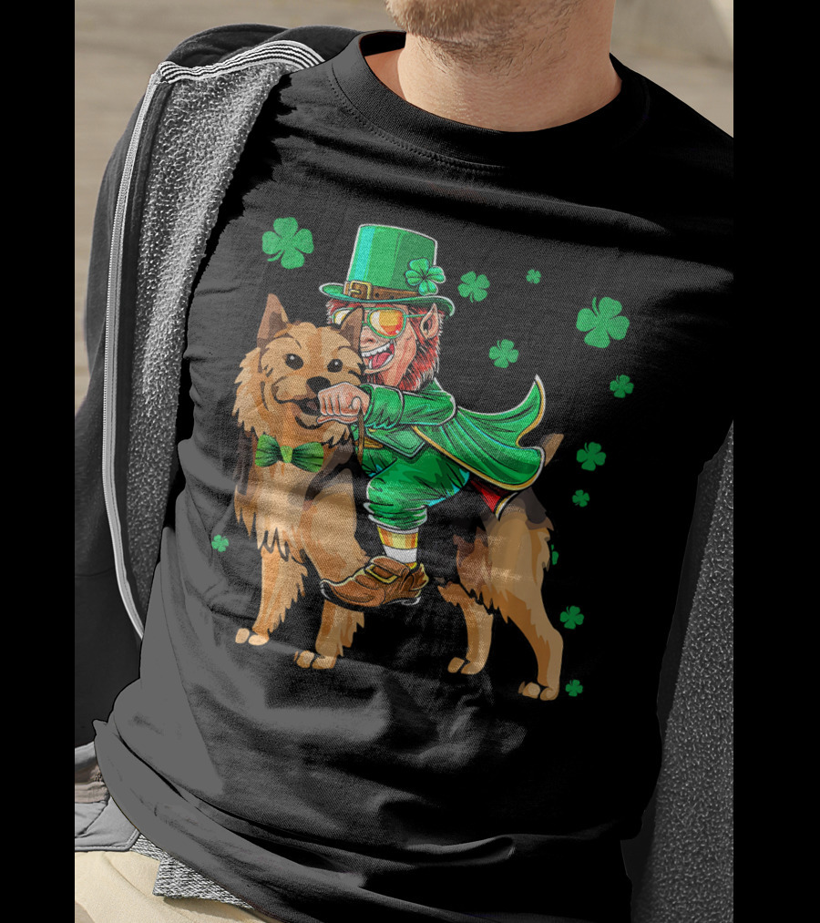 Leprechaun Riding Australian Terrier With Shamrocks T-Shirt