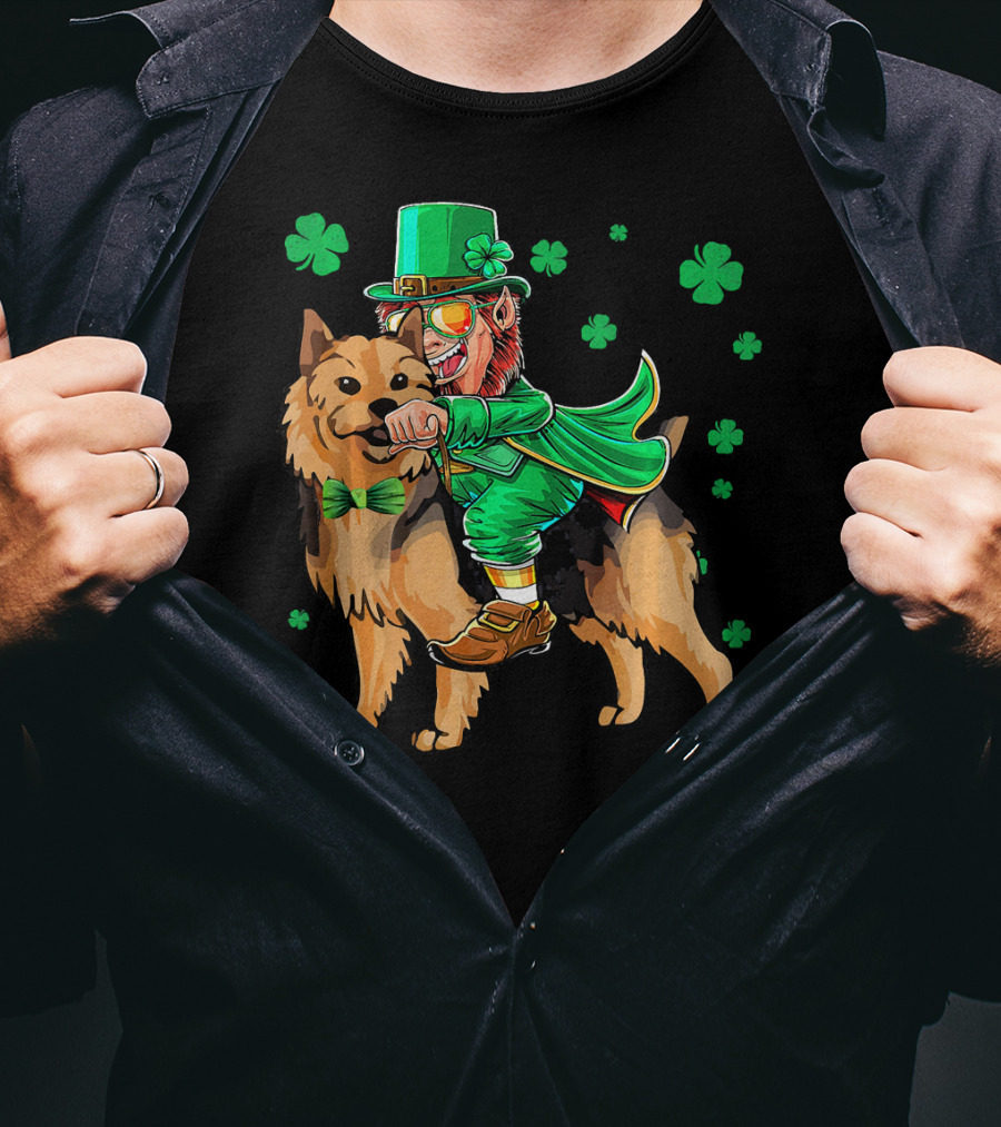 Leprechaun Riding Australian Terrier With Shamrocks T-Shirt