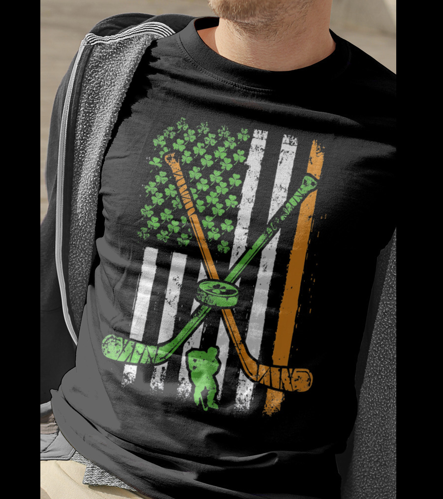 Irish American Flag Shamrock Hockey Sticks Player T-Shirt