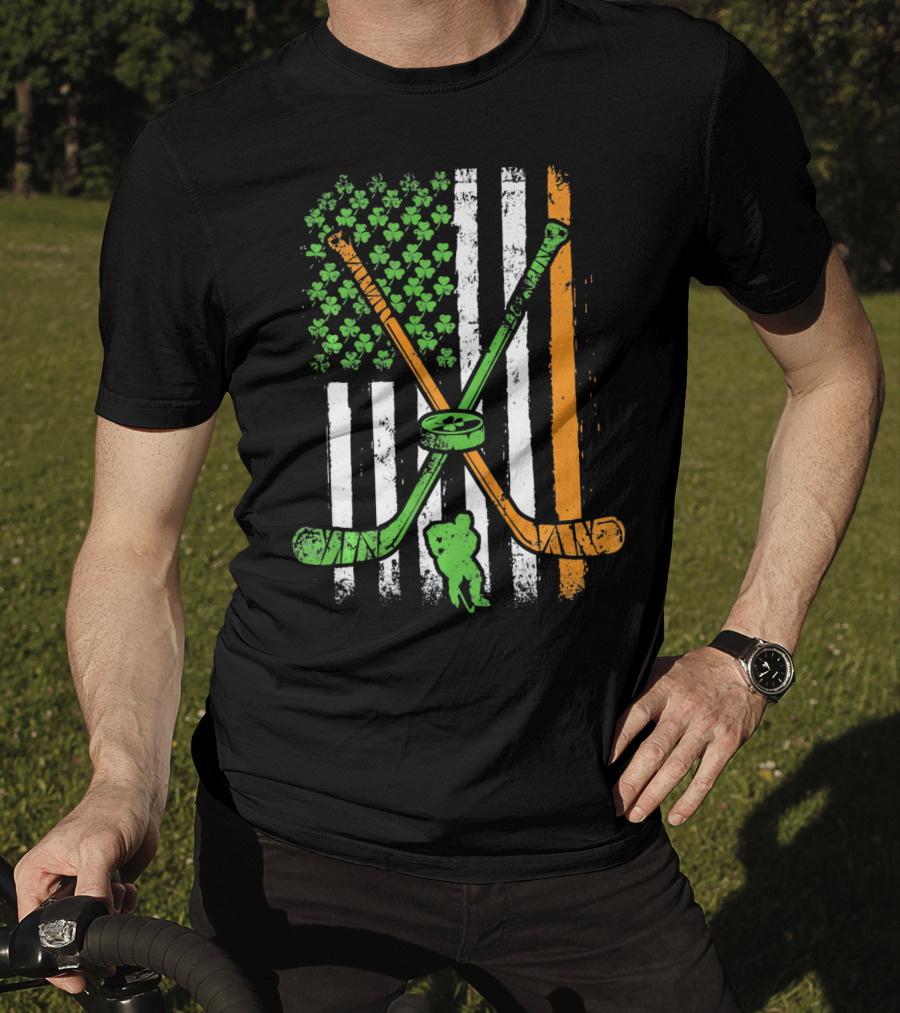 Irish American Flag Shamrock Hockey Sticks Player T-Shirt