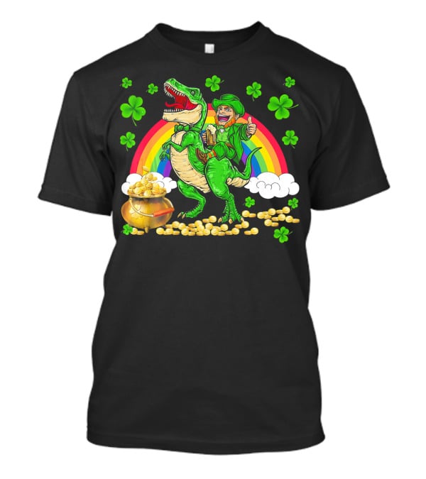 Leprechaun Riding Dinosaur With Rainbow And Pot Of Gold T-Shirt