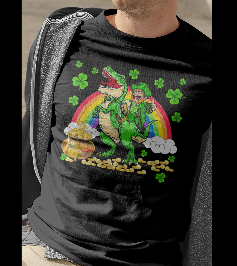 Leprechaun Riding Dinosaur With Rainbow And Pot Of Gold T-Shirt