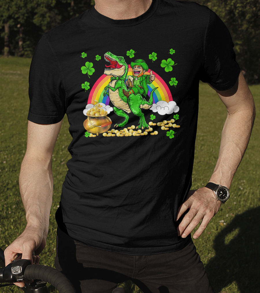 Leprechaun Riding Dinosaur With Rainbow And Pot Of Gold T-Shirt