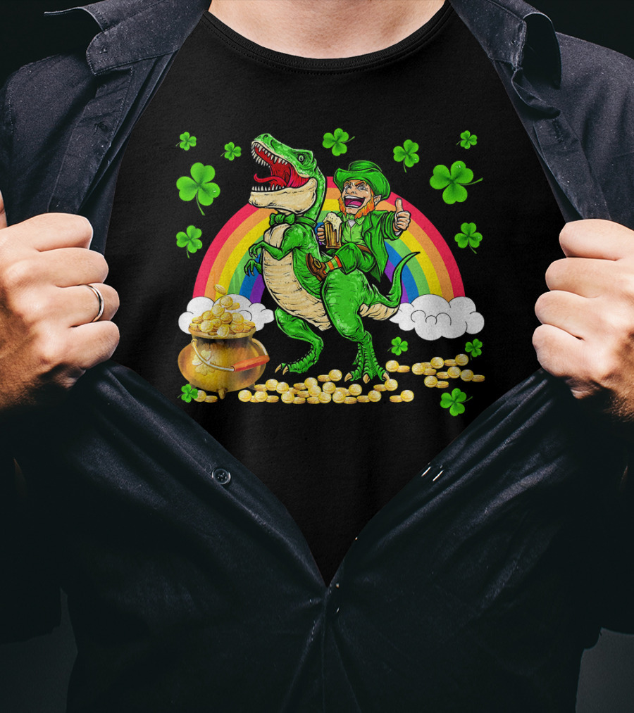 Leprechaun Riding Dinosaur With Rainbow And Pot Of Gold T-Shirt