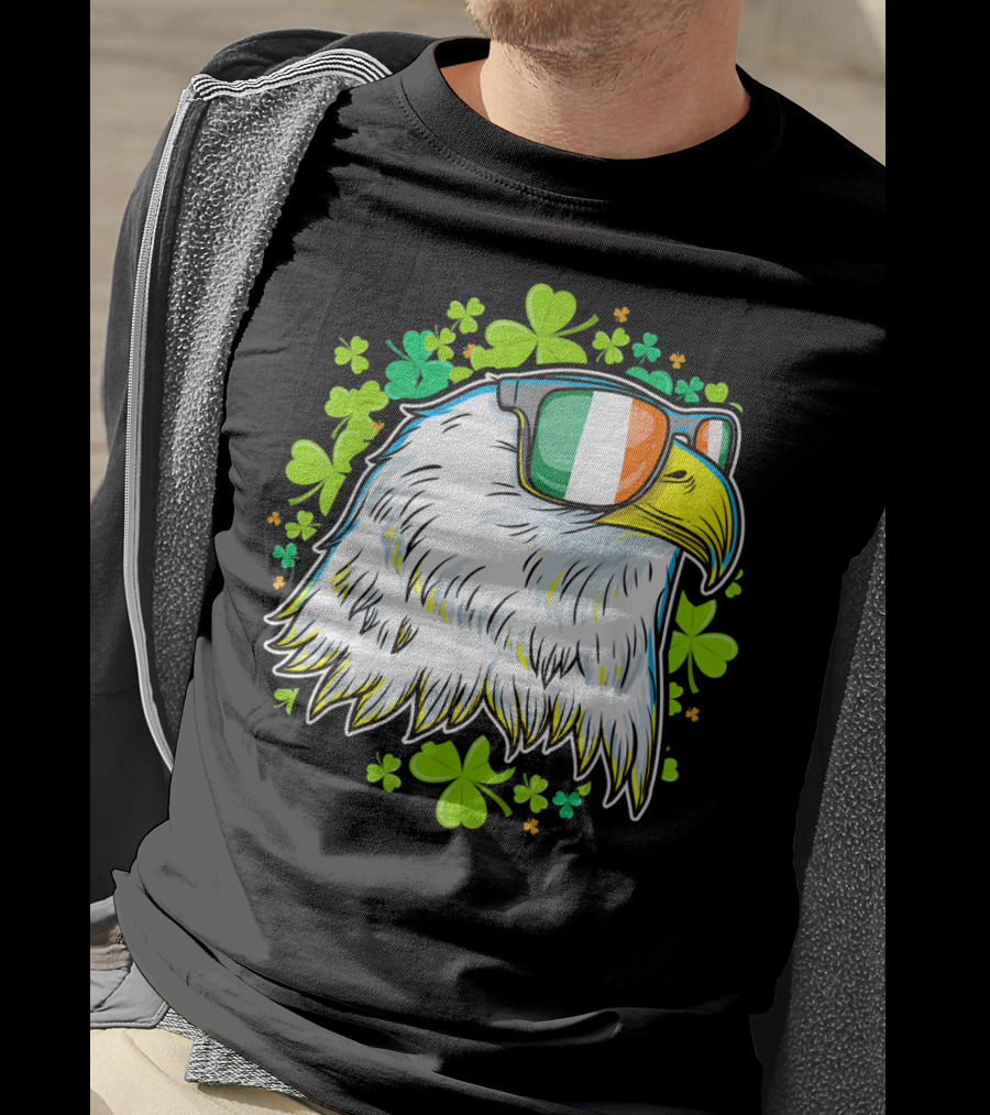 Mens Funny St Patricks Day Eagle Clover Sunglasses T-Shirt