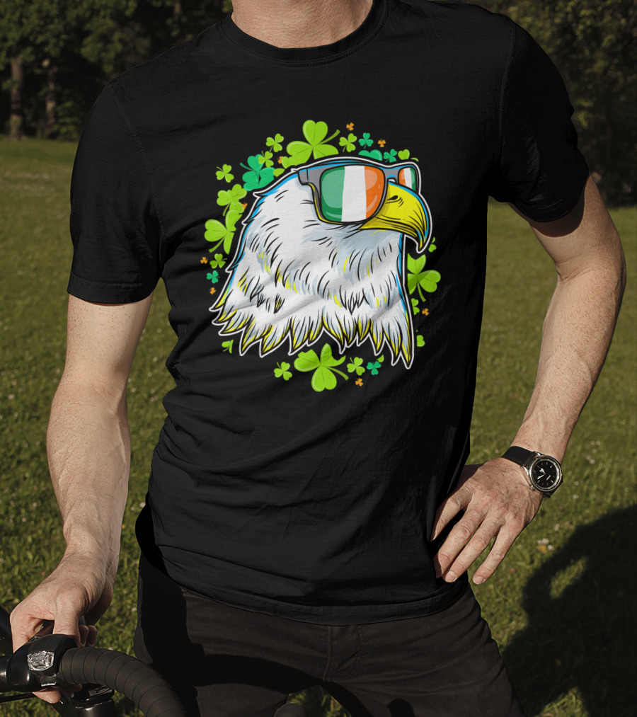 Mens Funny St Patricks Day Eagle Clover Sunglasses T-Shirt