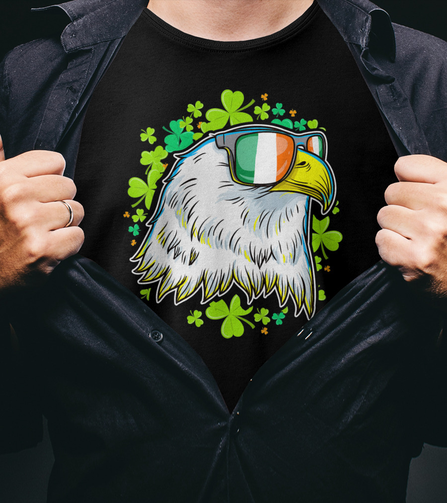 Mens Funny St Patricks Day Eagle Clover Sunglasses T-Shirt