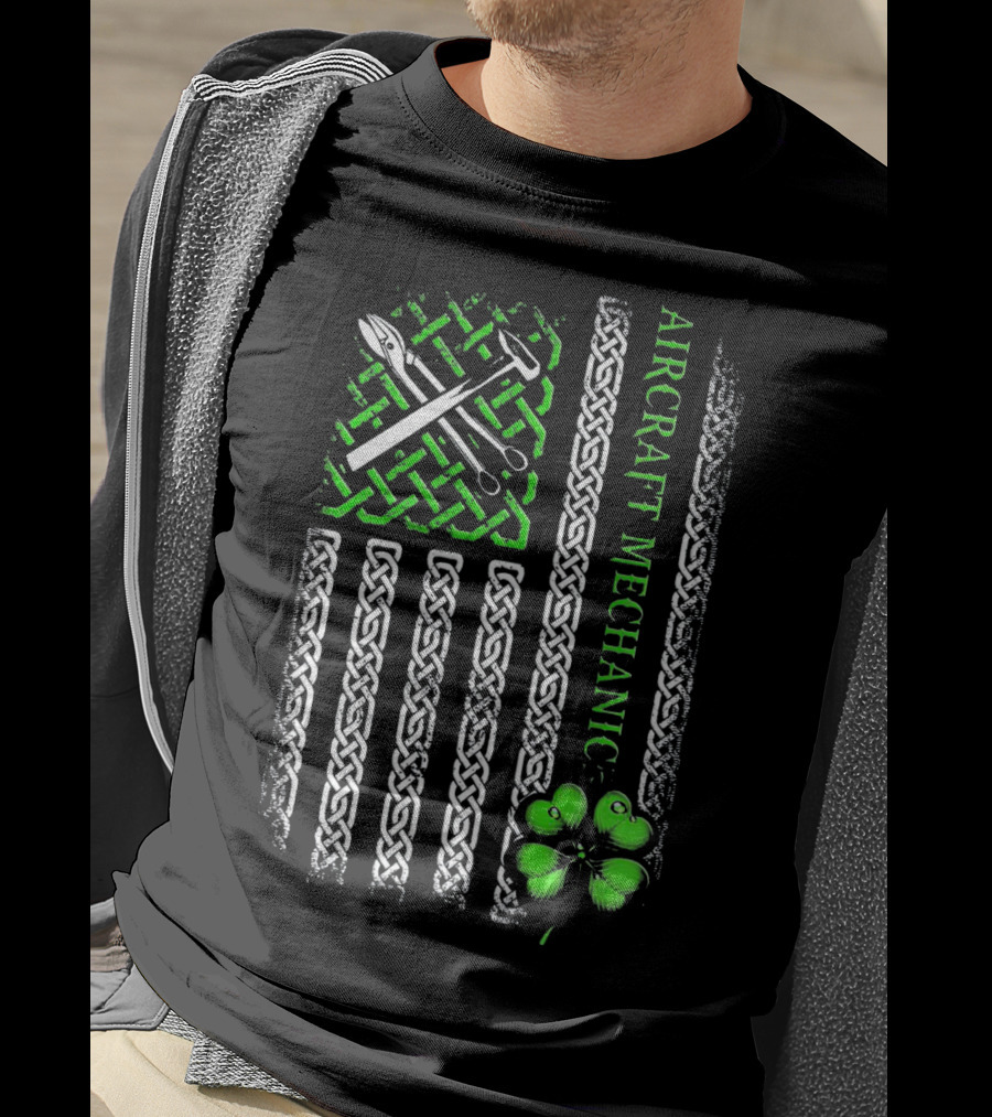 Aircraft Mechanic Clover Flag Celtic Knot T-Shirt