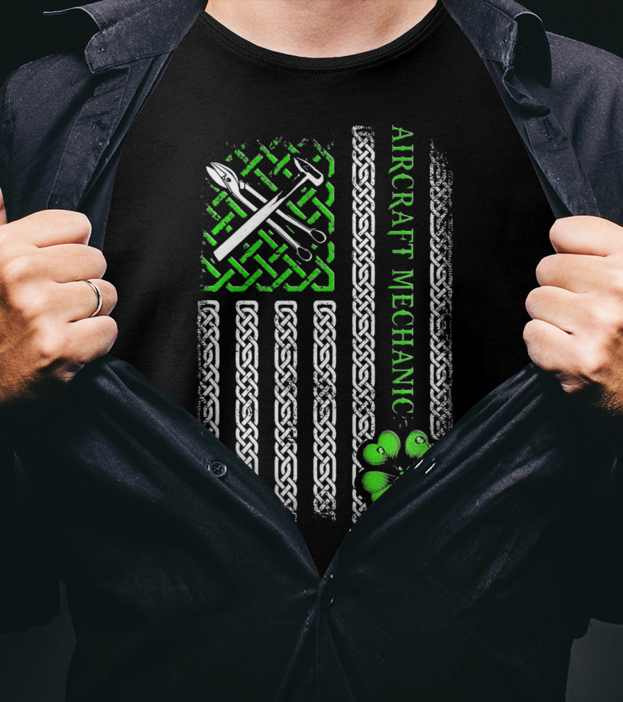 Aircraft Mechanic Clover Flag Celtic Knot T-Shirt