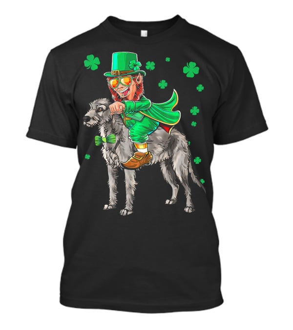 Leprechaun Riding Irish Wolfhound With Shamrock Symbols T-Shirt
