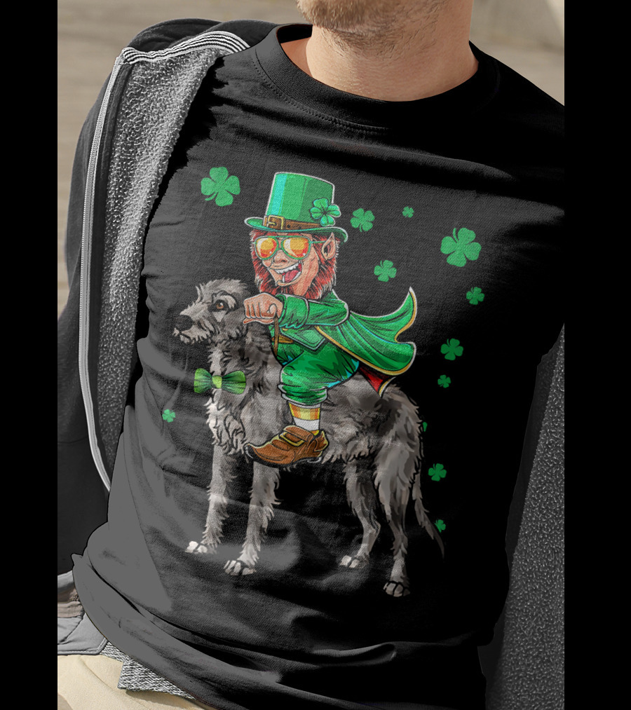 Leprechaun Riding Irish Wolfhound With Shamrock Symbols T-Shirt