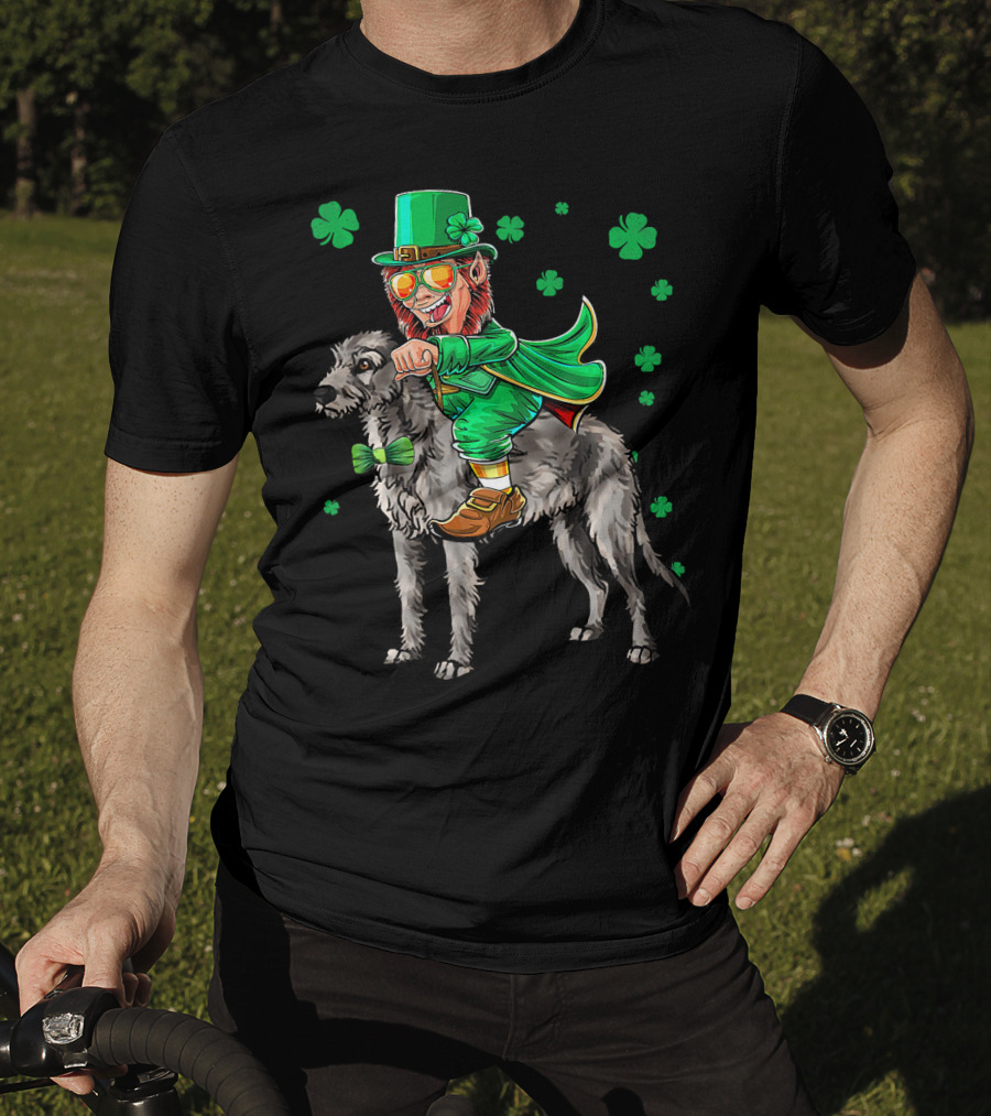 Leprechaun Riding Irish Wolfhound With Shamrock Symbols T-Shirt