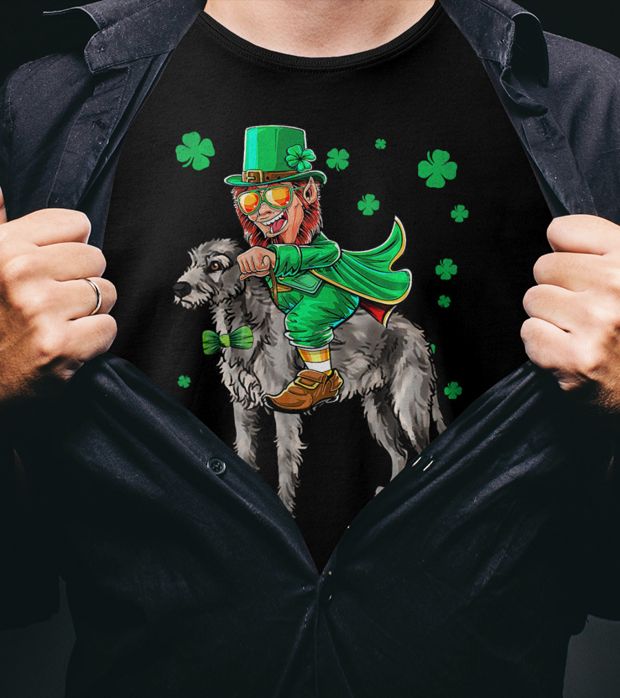 Leprechaun Riding Irish Wolfhound With Shamrock Symbols T-Shirt