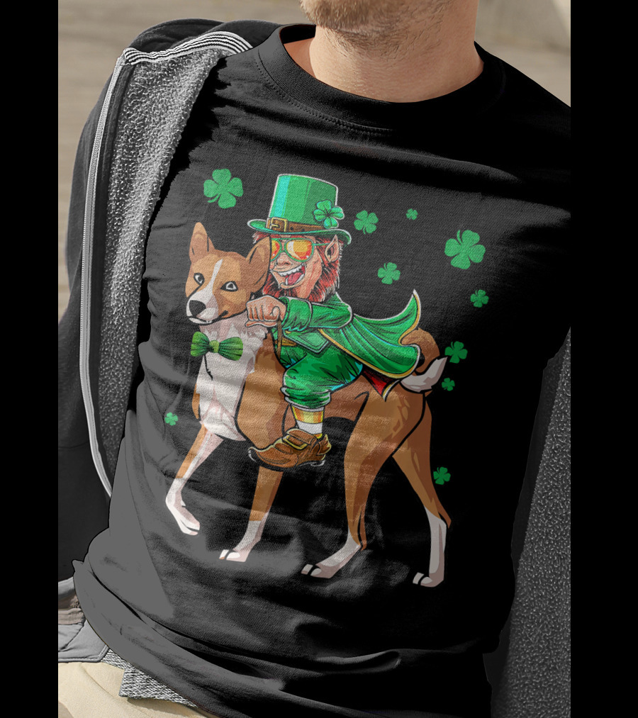 Leprechaun Riding Basenji With Shamrocks St Patricks T-Shirt