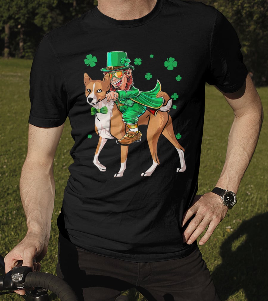 Leprechaun Riding Basenji With Shamrocks St Patricks T-Shirt