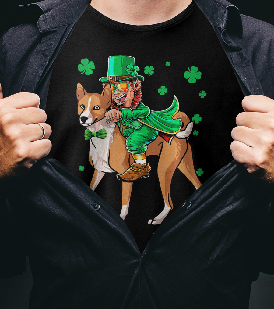 Leprechaun Riding Basenji With Shamrocks St Patricks T-Shirt