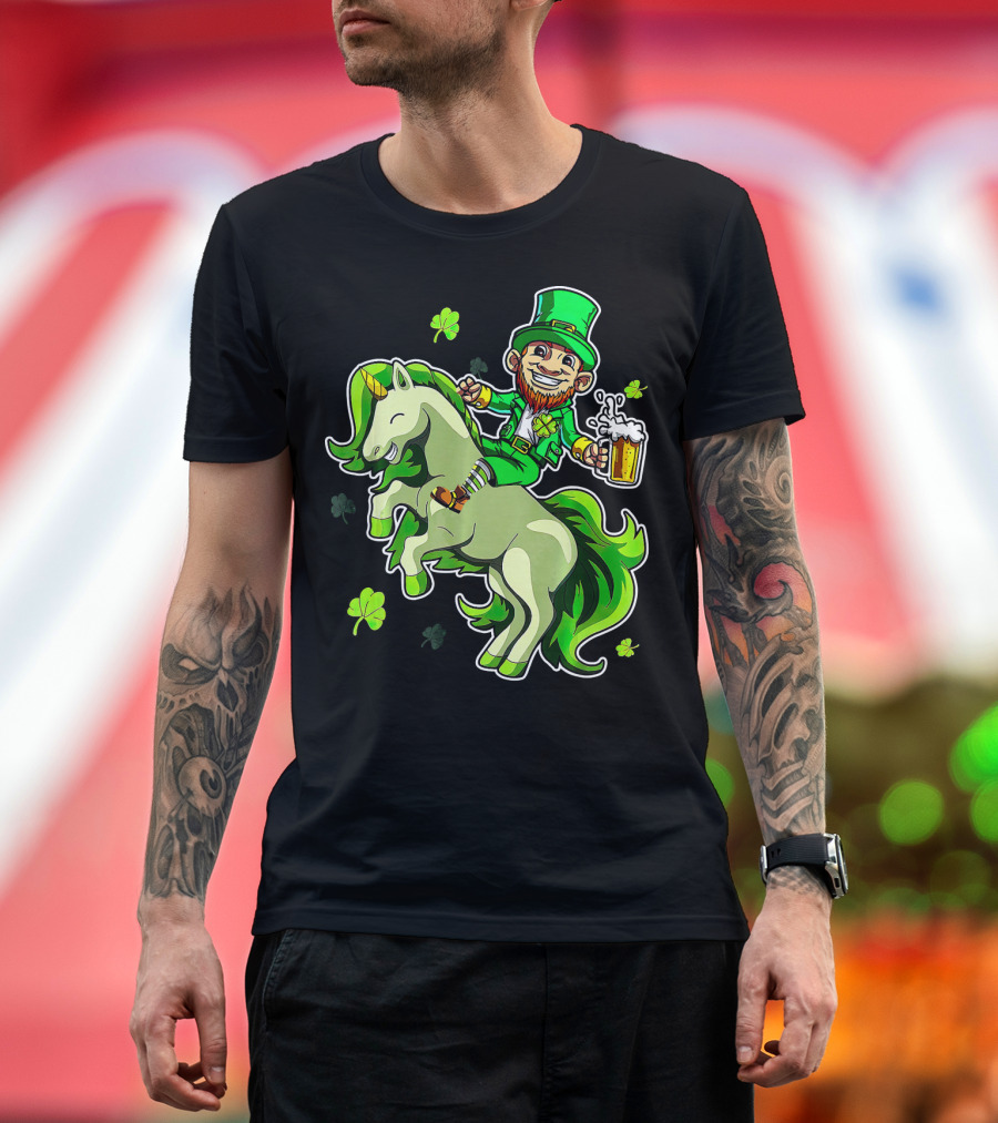 Leprechaun Riding a Green Unicorn Holding Beer with Shamrocks T-Shirt